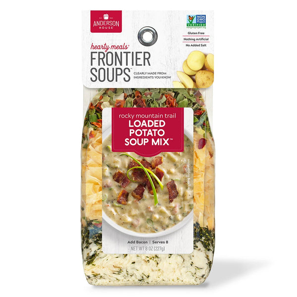 frontier soups loaded potato soup in lear pouch showing ingredients inside