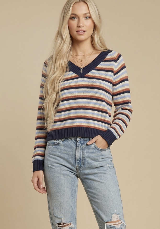 THE RETRO MULTI-STRIPE V-NECK SWEATER
