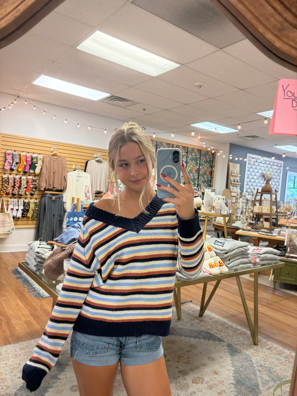 THE RETRO MULTI-STRIPE V-NECK SWEATER