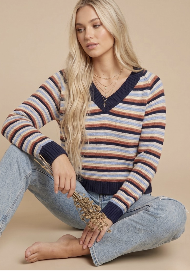 THE RETRO MULTI-STRIPE V-NECK SWEATER