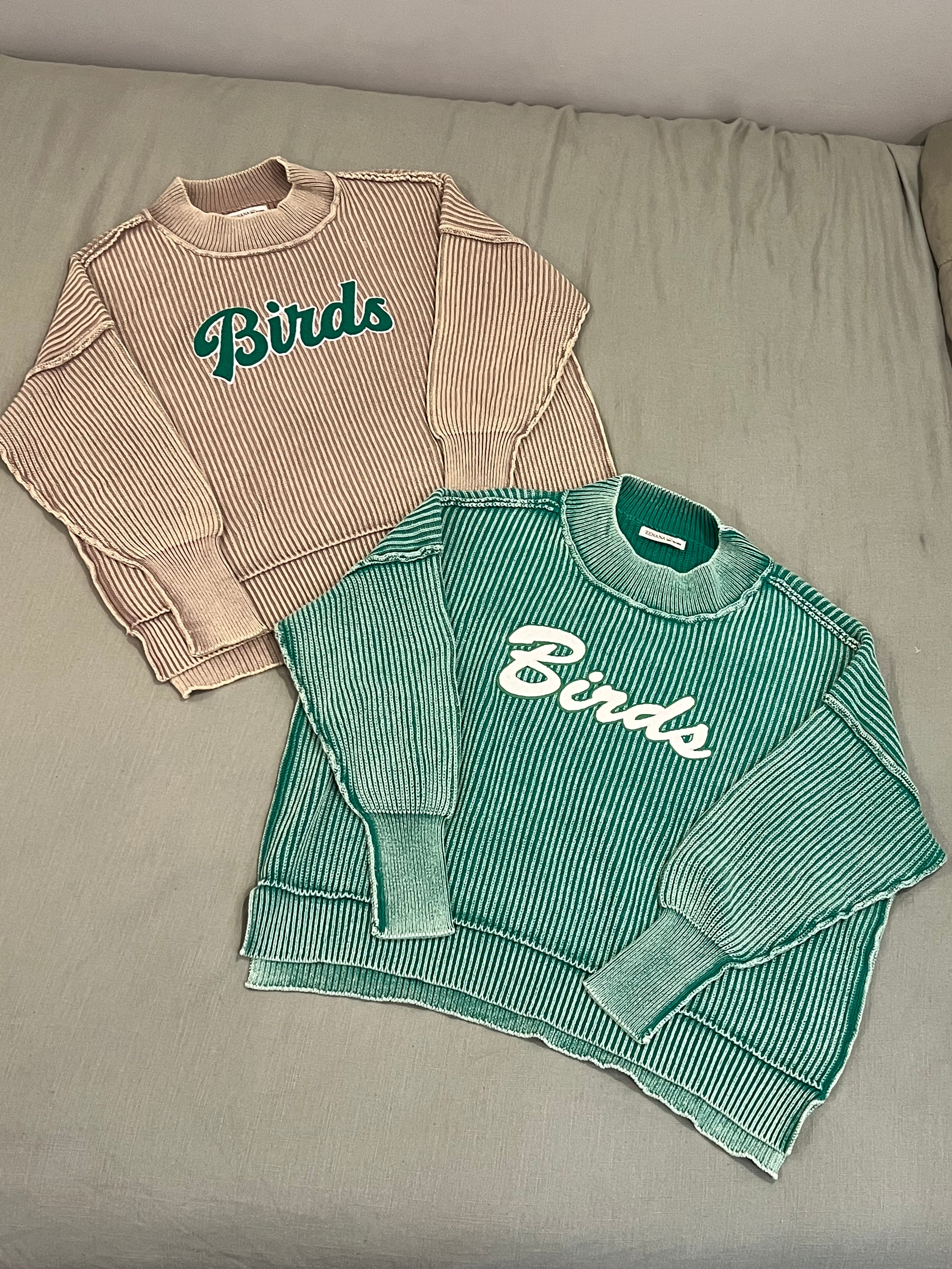 RIBBED KNIT GREEN MOCK NECK EMBROIDERED BIRDS SWEATER
