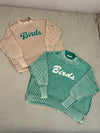 RIBBED KNIT GREEN MOCK NECK EMBROIDERED BIRDS SWEATER