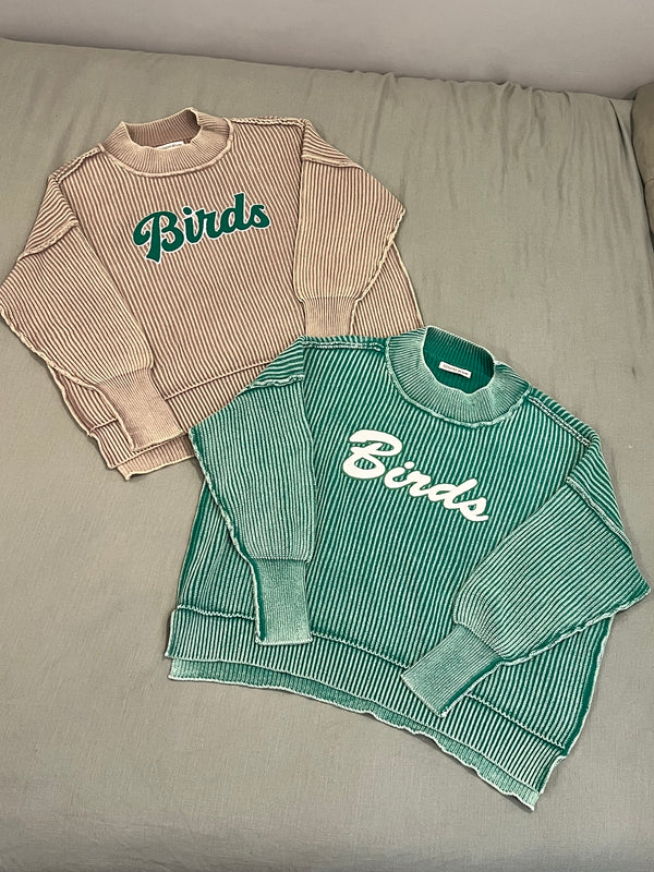 RIBBED KNIT GREEN MOCK NECK EMBROIDERED BIRDS SWEATER