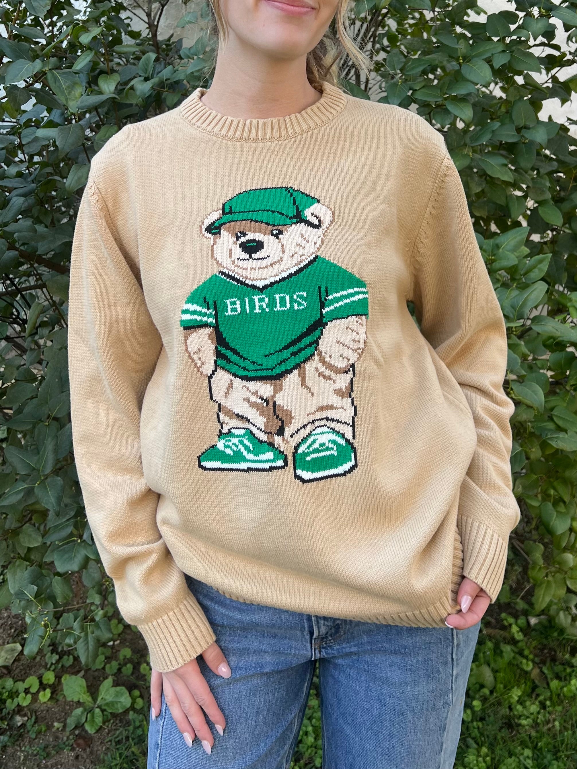TEDDY BEAR BIRDS KNIT TAN SWEATER
