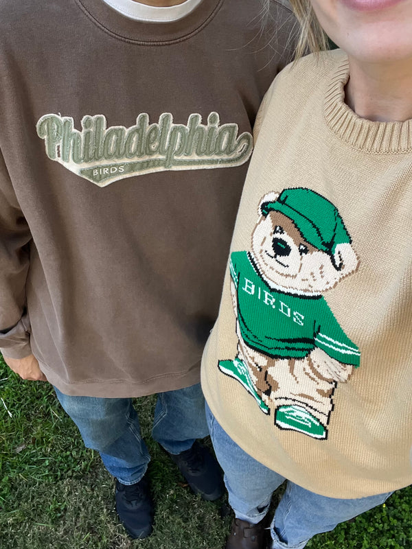 TEDDY BEAR BIRDS KNIT TAN SWEATER