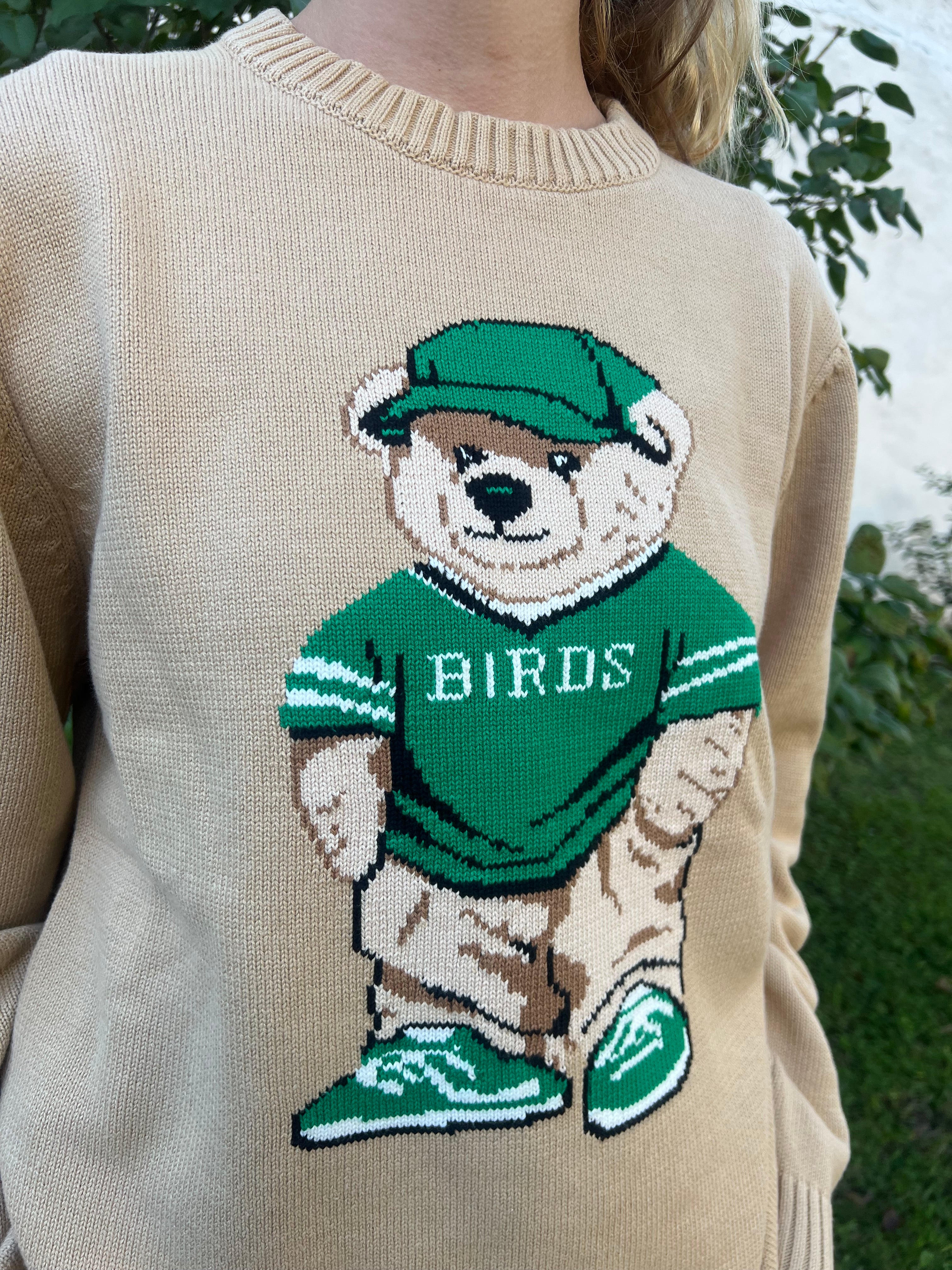 TEDDY BEAR BIRDS KNIT TAN SWEATER