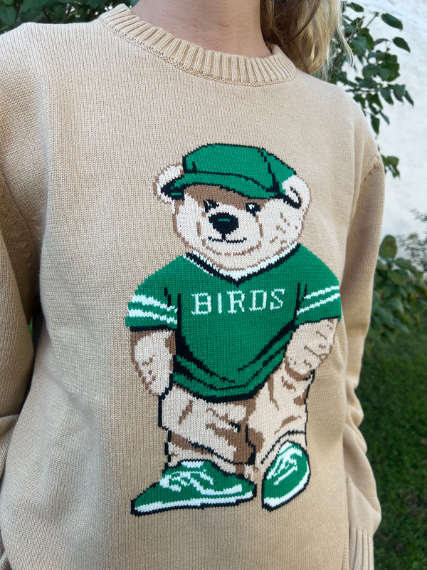 TEDDY BEAR BIRDS KNIT TAN SWEATER