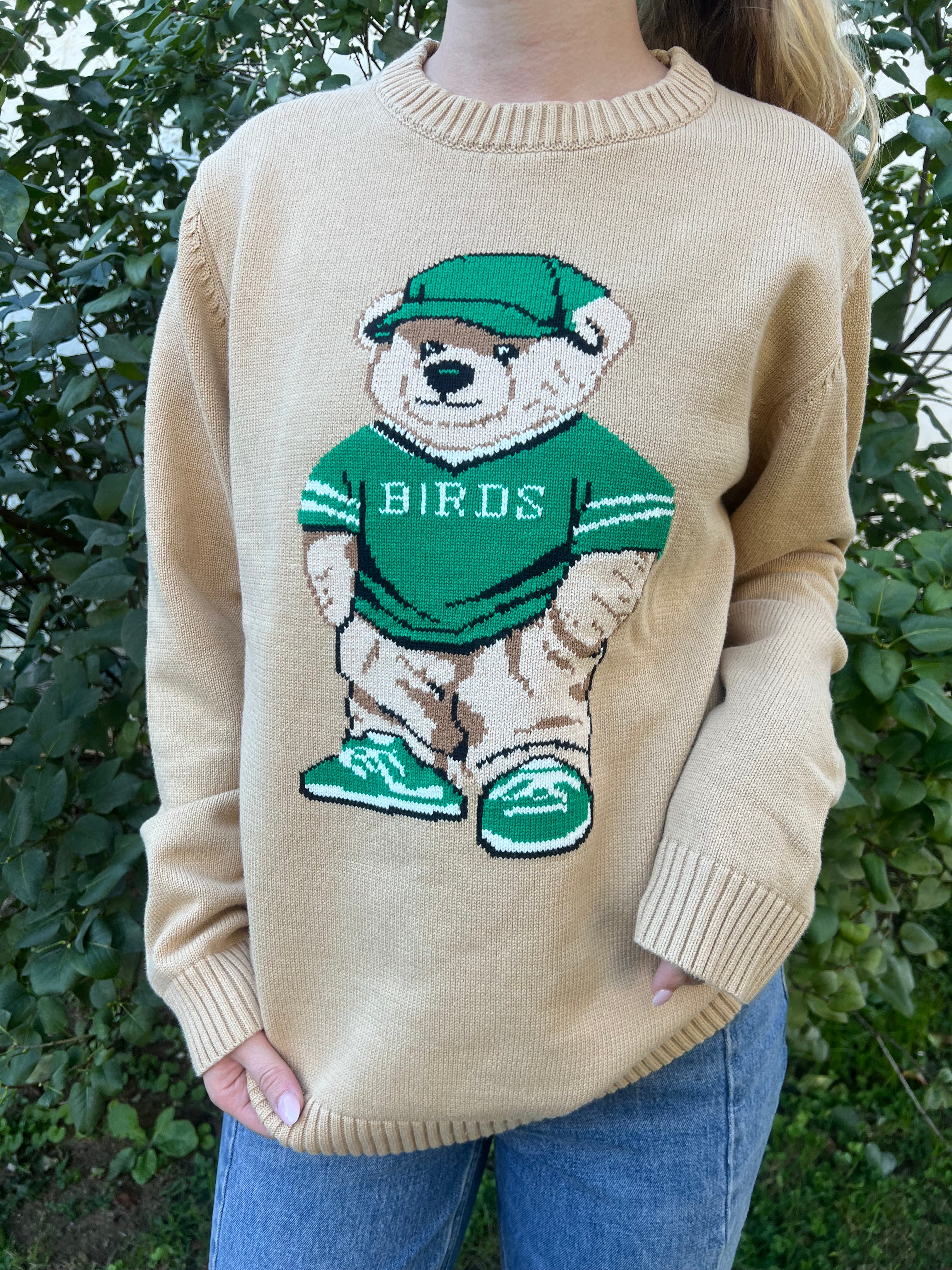 TEDDY BEAR BIRDS KNIT TAN SWEATER