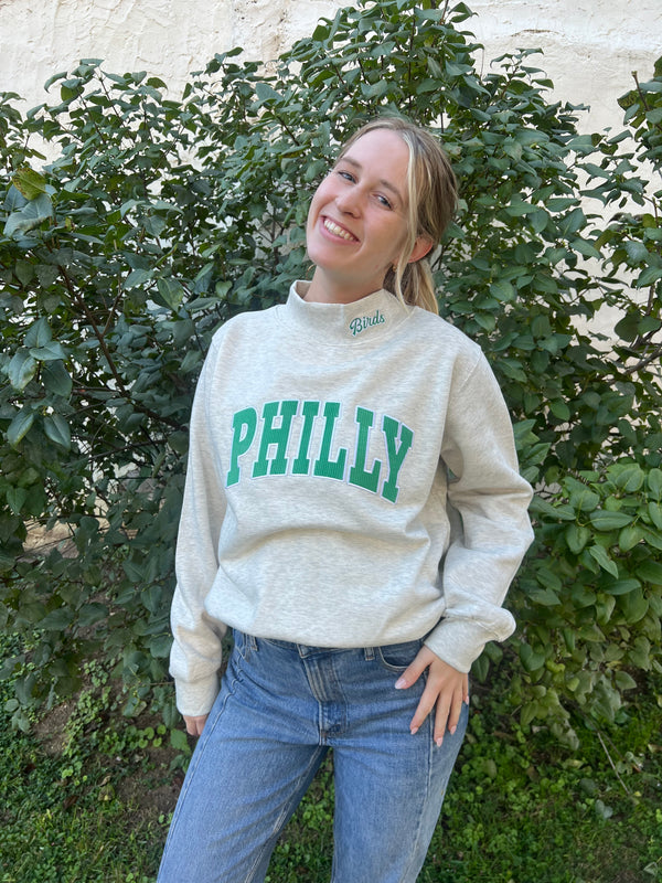 MOCK NECK BIRDS DETAIL RIBBED PHILLY FONT SWEATSHIRT