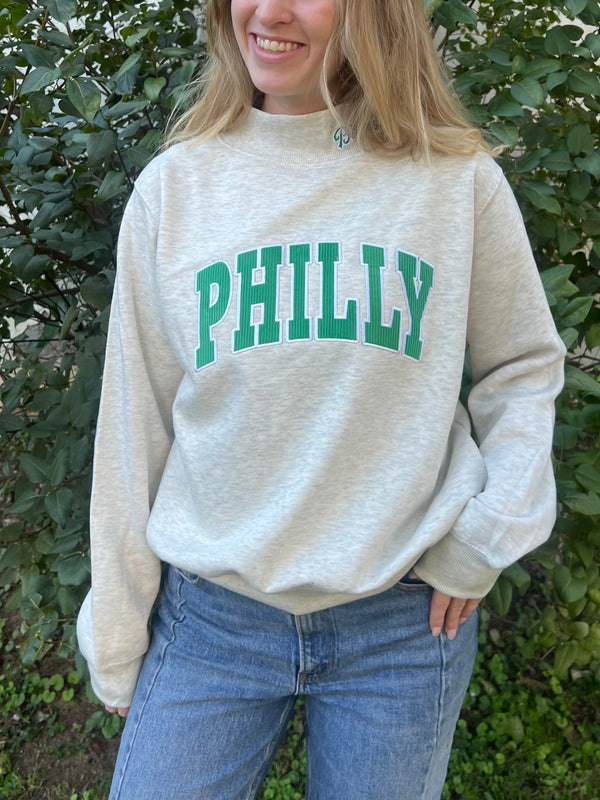 MOCK NECK BIRDS DETAIL RIBBED PHILLY FONT SWEATSHIRT