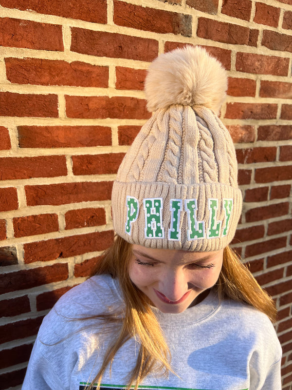 VERTICAL TIWST KNIT POLKA DOT PHILLY BLOCK LETTER BEANIE W/ POM