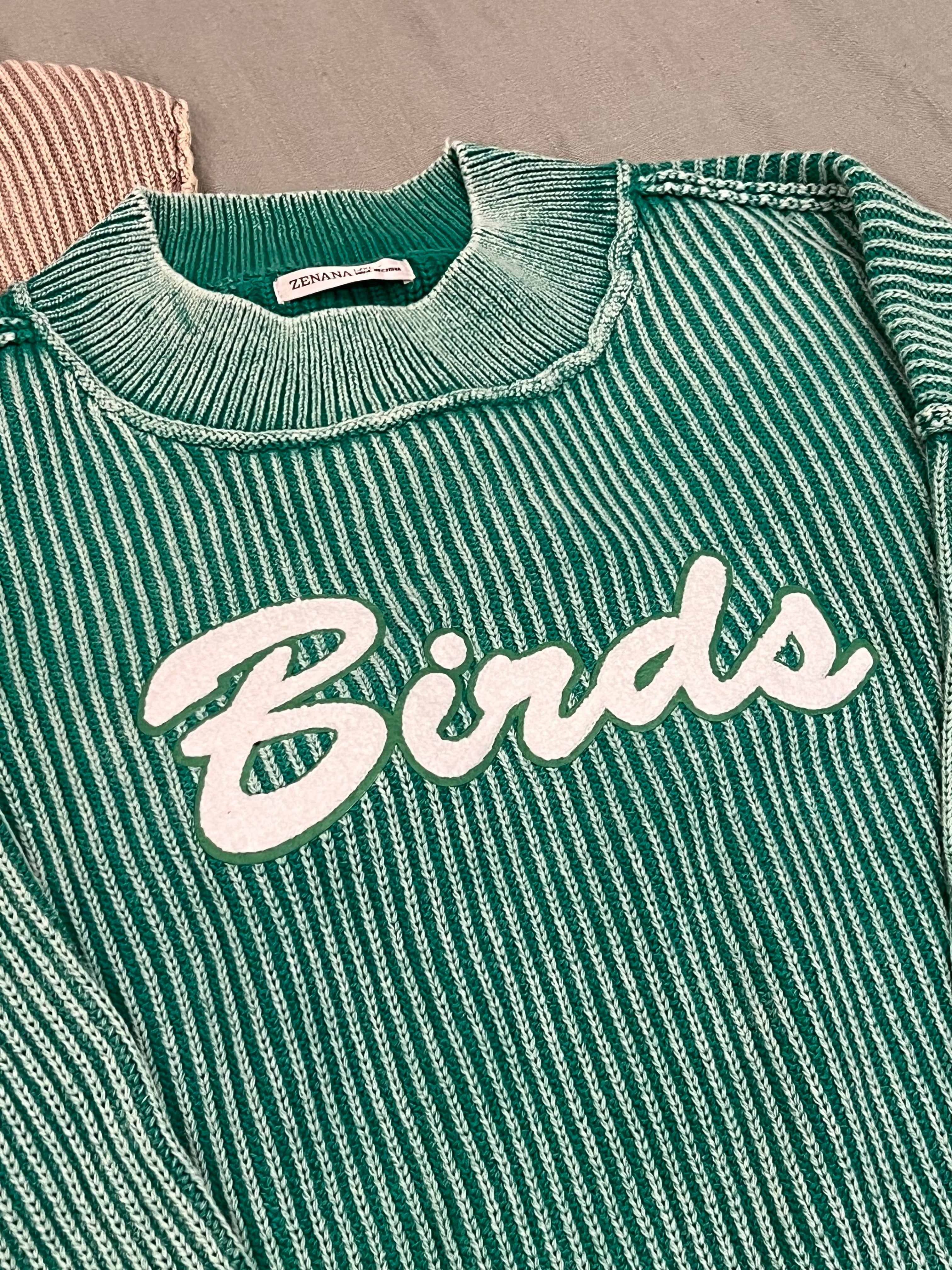 RIBBED KNIT GREEN MOCK NECK EMBROIDERED BIRDS SWEATER