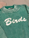 RIBBED KNIT GREEN MOCK NECK EMBROIDERED BIRDS SWEATER