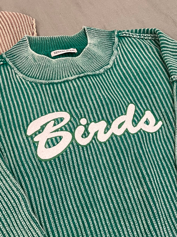 RIBBED KNIT GREEN MOCK NECK EMBROIDERED BIRDS SWEATER