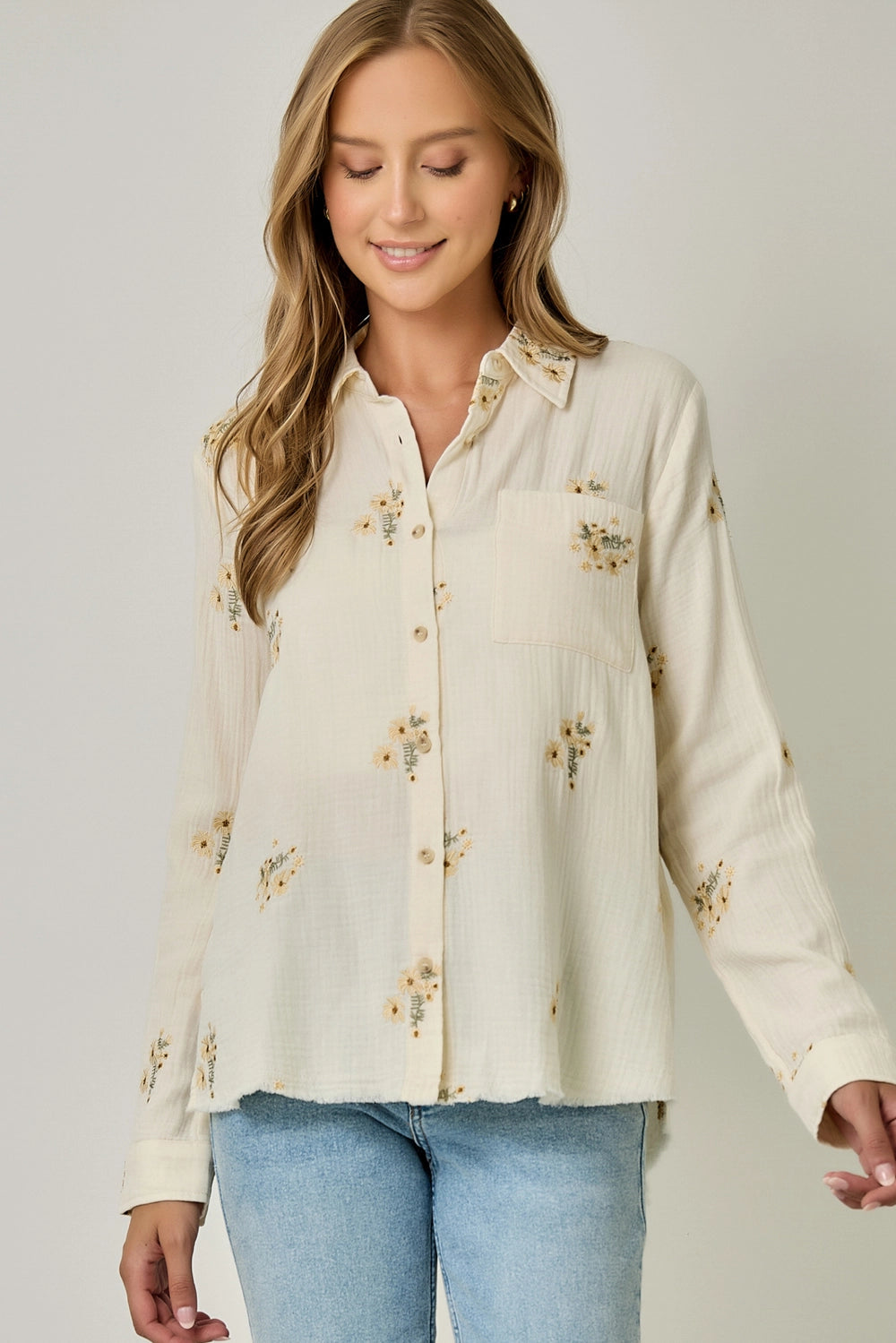 FRINGE WASHED EMBROIDERY SHIRT