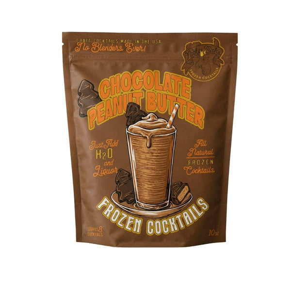 A 10 fl oz resealable stand-up pouch of Chocolate Peanut Butter Frozen Cocktails on a plain white background. The packaging is brown with yellow and orange text and features an illustration of a chocolate milkshake.