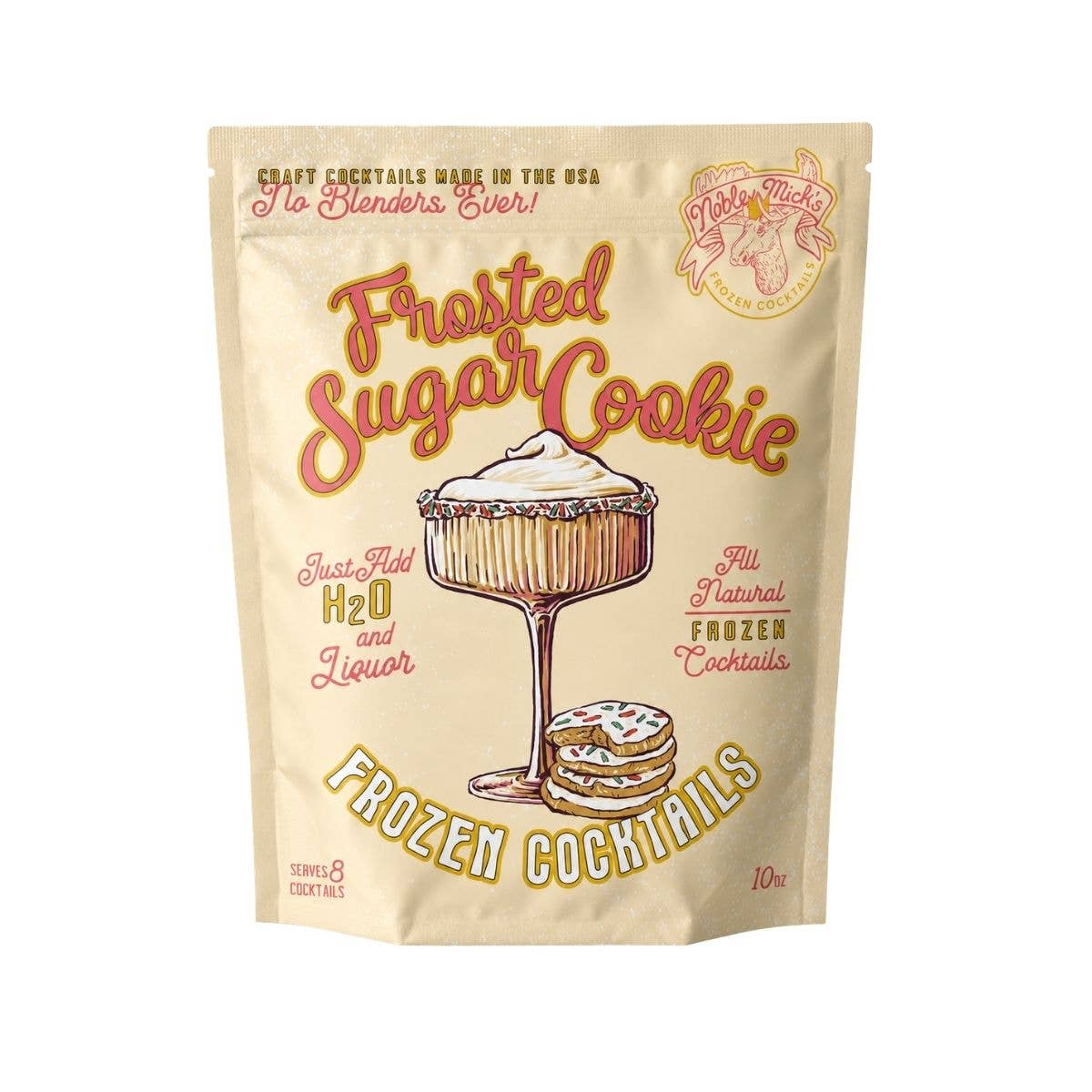 A 10 oz stand-up pouch of Frosted Sugar Cookie Frozen Cocktails by Lucky Tides. The packaging is a warm cream color with retro-style red and yellow text and an illustration of a frozen cocktail glass and a cookie.