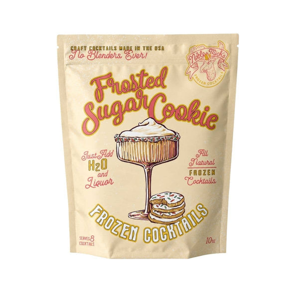 A 10 oz stand-up pouch of Frosted Sugar Cookie Frozen Cocktails by Lucky Tides. The packaging is a warm cream color with retro-style red and yellow text and an illustration of a frozen cocktail glass and a cookie.