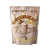 A stand-up pouch of Gingerbread Latte Frozen Cocktails by No Blenders Ever, featuring a cream-colored background with brown and gold typography and an illustration of a gingerbread cookie in a mug.