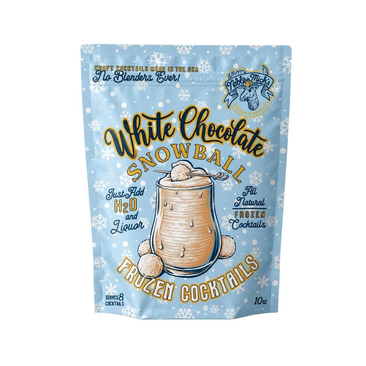 A stand-up pouch of 'White Chocolate Snowball' frozen cocktails by No Blenders Ever, featuring a light blue winter-themed background with snowflakes and an illustration of a snowball cocktail.