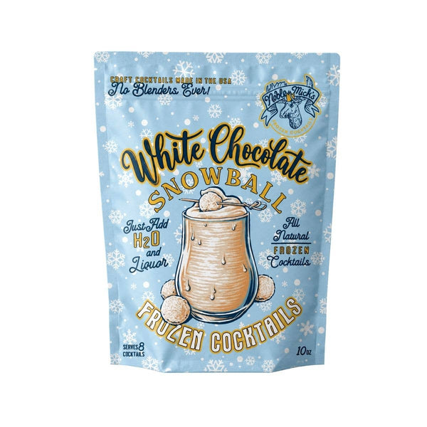 A stand-up pouch of 'White Chocolate Snowball' frozen cocktails by No Blenders Ever, featuring a light blue winter-themed background with snowflakes and an illustration of a snowball cocktail.