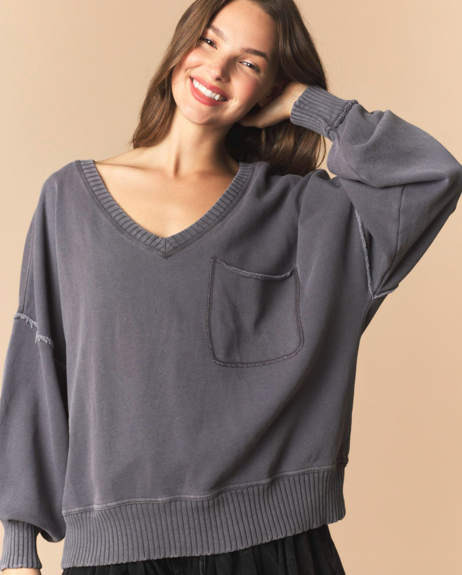 CHARCOAL V-NECK SWEATSHIRT W/ POCKET