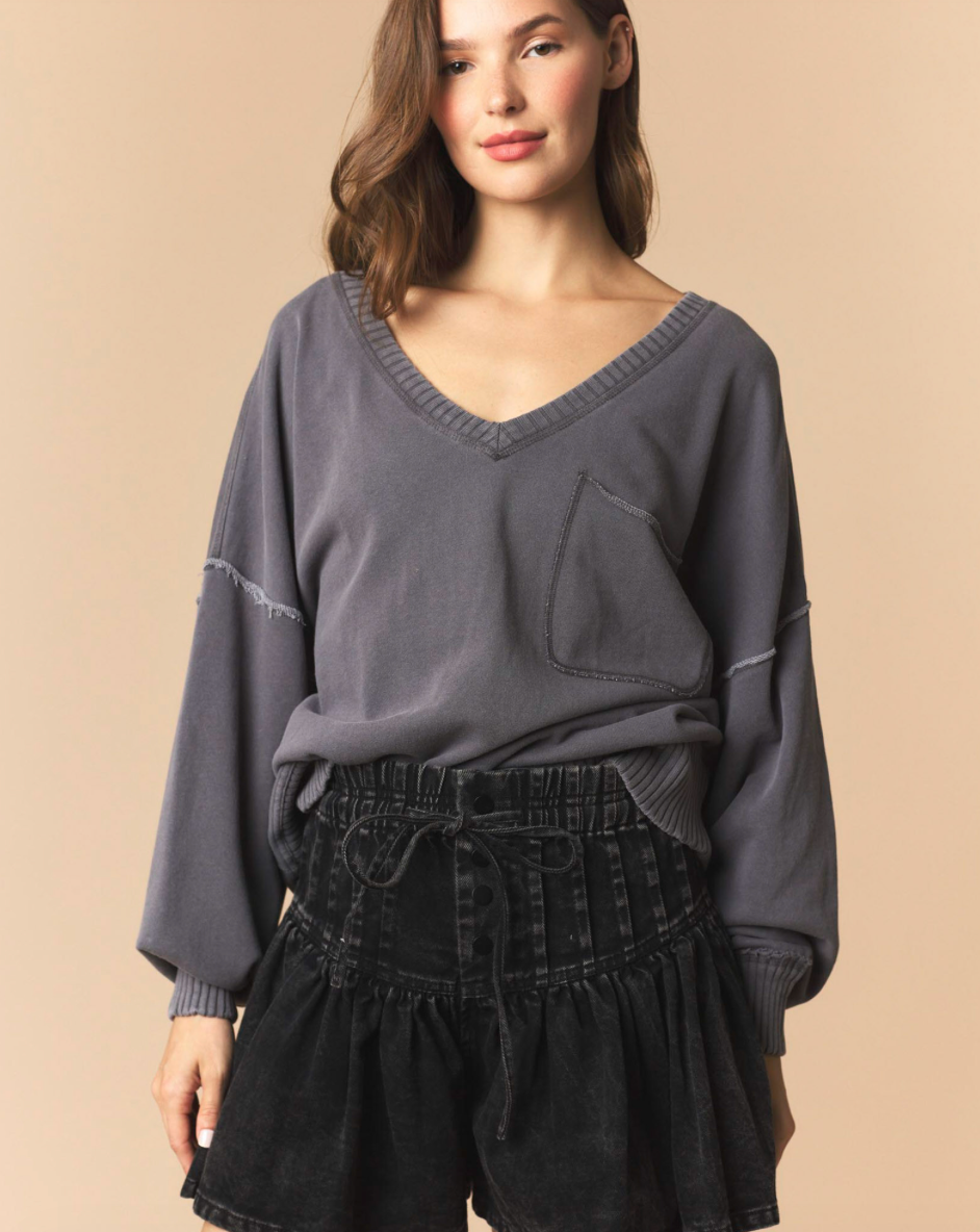 CHARCOAL V-NECK SWEATSHIRT W/ POCKET
