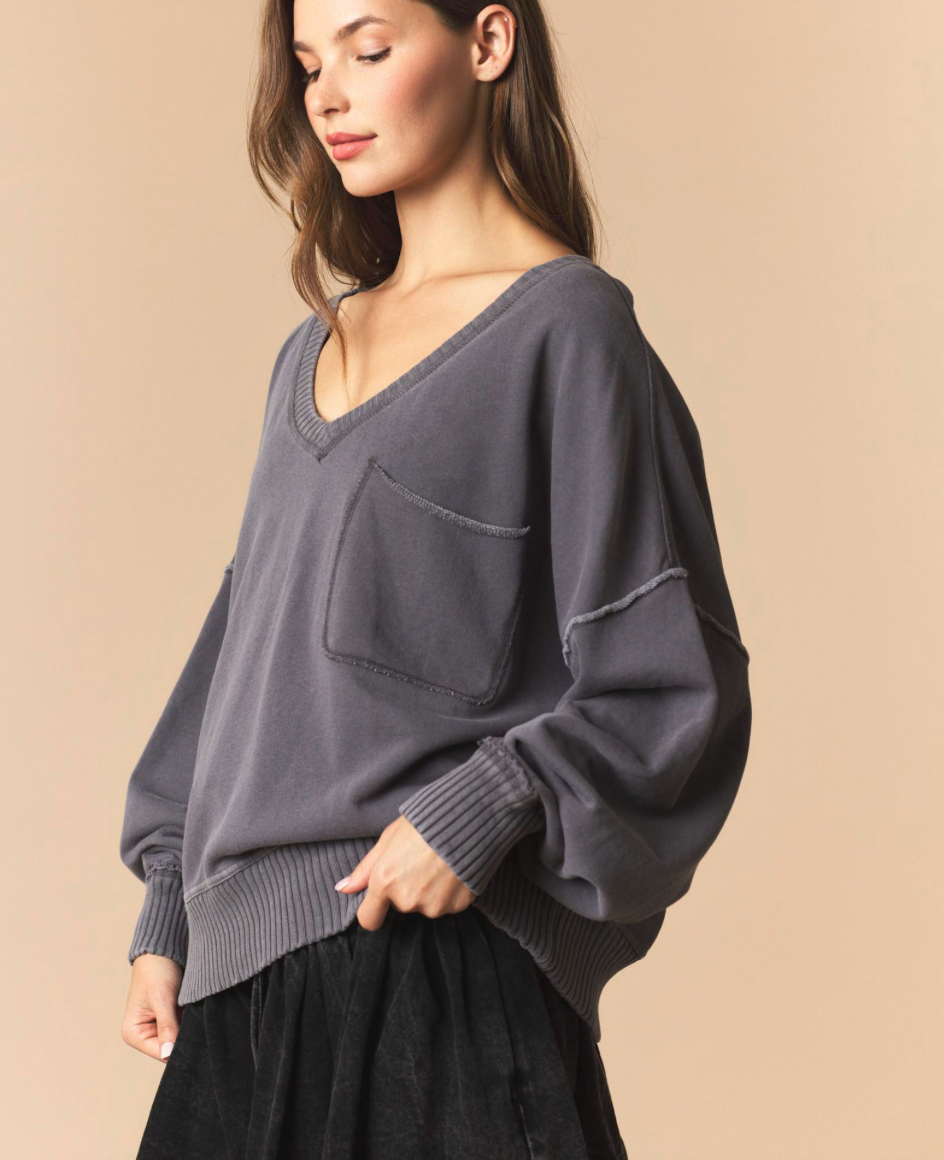 CHARCOAL V-NECK SWEATSHIRT W/ POCKET