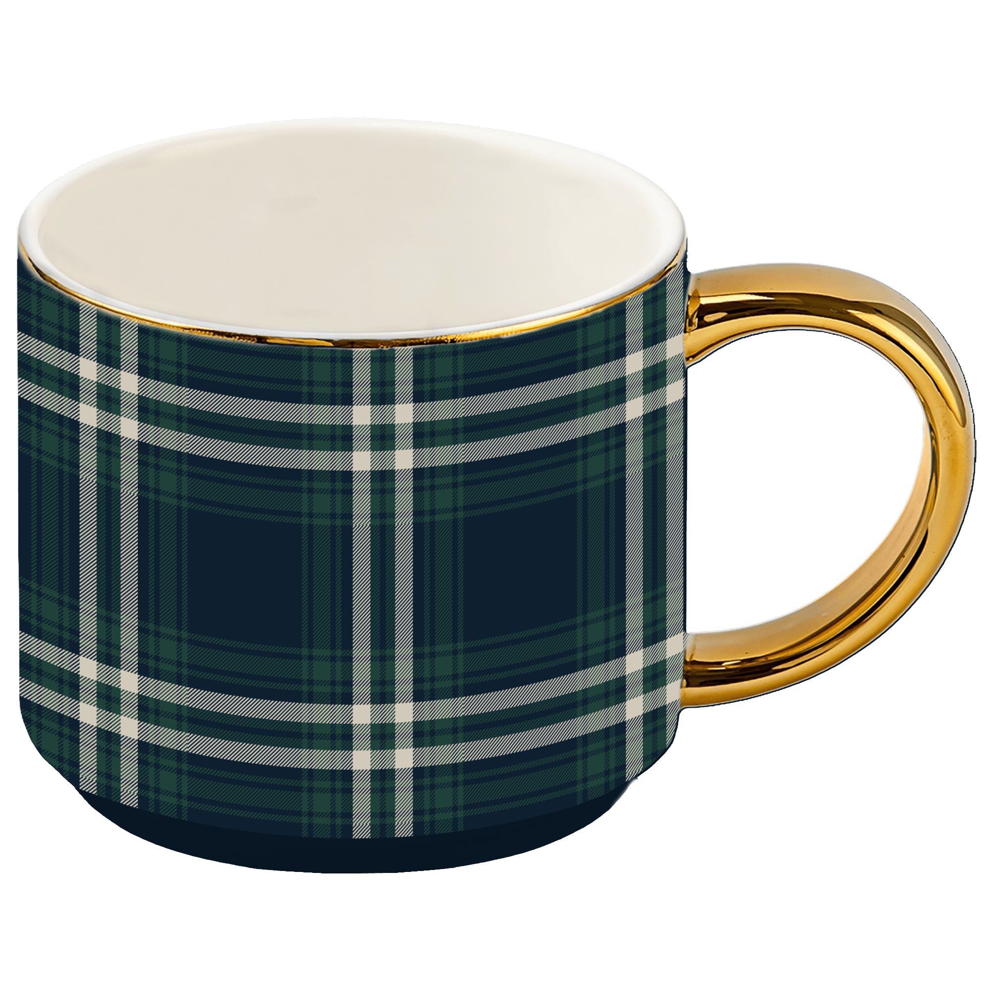 NAVY PLAID 14 OZ GOLD HANDLE COFFEE MUG