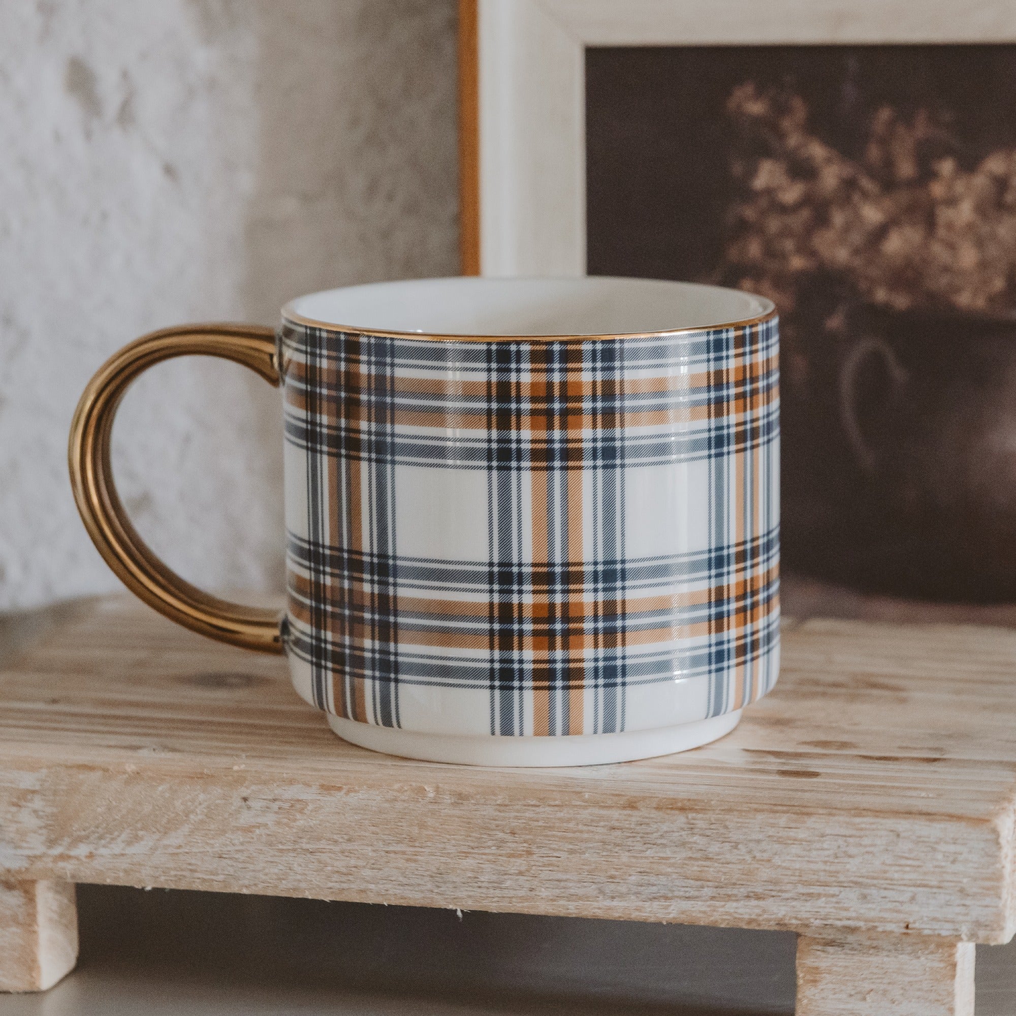ORANGE NAVY PLAID 14 OZ GOLD HANDLE COFFE MUG