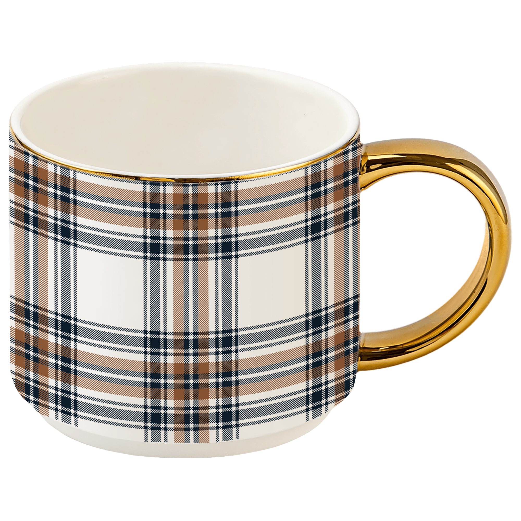 ORANGE NAVY PLAID 14 OZ GOLD HANDLE COFFE MUG