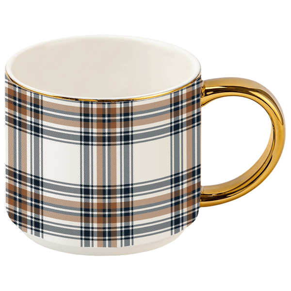 ORANGE NAVY PLAID 14 OZ GOLD HANDLE COFFE MUG
