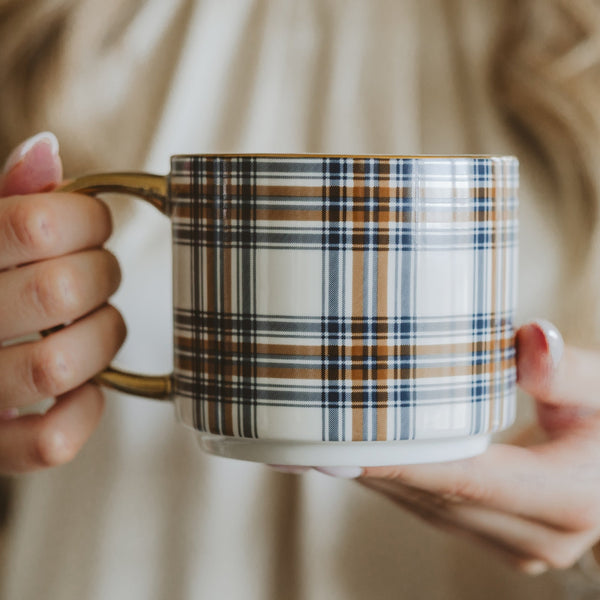 ORANGE NAVY PLAID 14 OZ GOLD HANDLE COFFE MUG