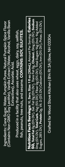 A dark green label with white text showing product ingredients, nutrition facts, and branding for Crafted for Wood Stove Kitchen.