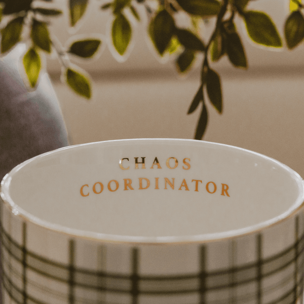 Ceramic bowl with 'CHAOS COORDINATOR' text, blurred plant in the background