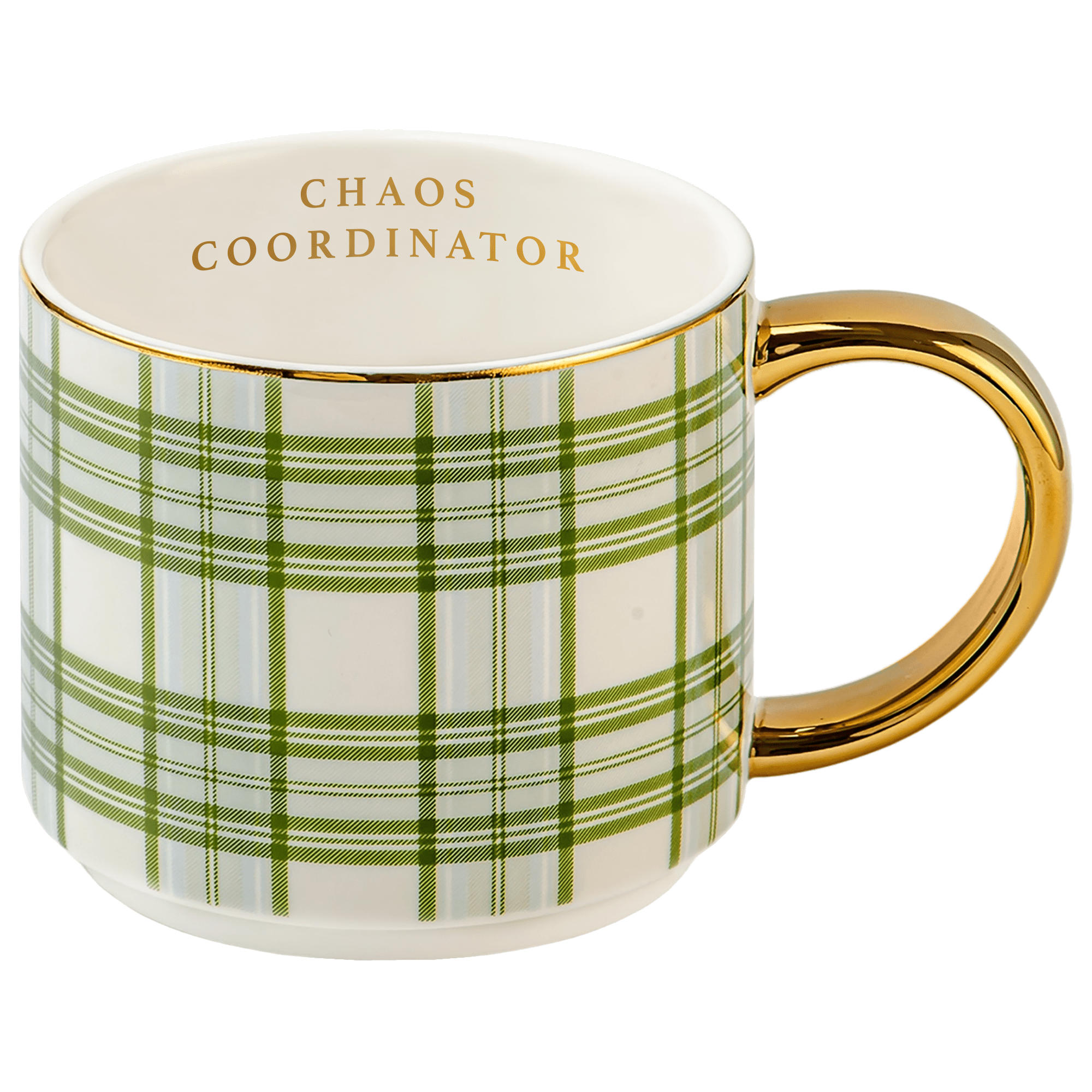 Mug with green plaid pattern and gold handle on a white background