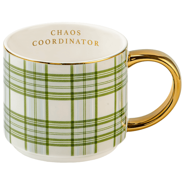 Mug with green plaid pattern and gold handle on a white background