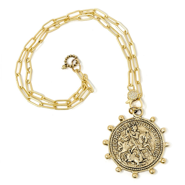 18" MATTE GOLD PAPERCLIP NECKLACE FEATURING A DOTTED ST. GEORGE MEDALLION