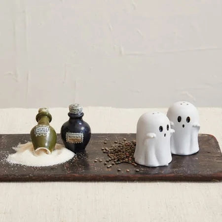 EMBOSSED STONEWARE GHOST SHAPED SALT & PEPPER SHAKERS, SET OF 2