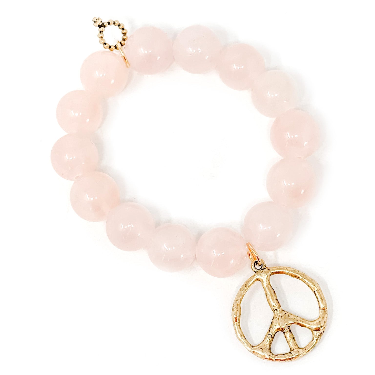 14MM ROSE QUARTZ BRACELET WITH GOLD RUSTIC PEACE SIGN