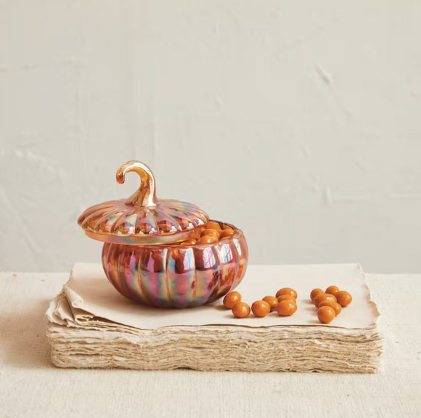 RECYCLED GLASS PUMPKIN SHAPED JAR W/ LID, IRIDESCENT ORANGE COLOR