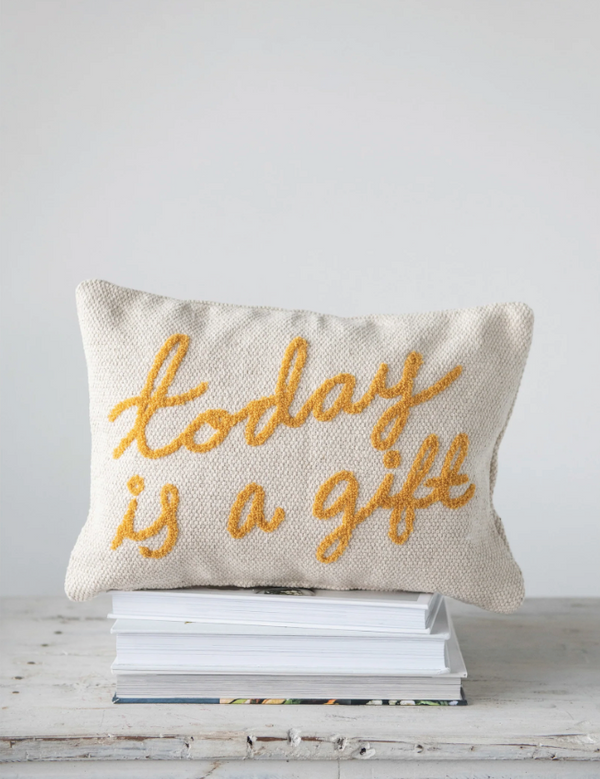 14" X 9" EMBROIDERED COTTON LUMBAR PILLOW "TODAY IS A GIFT"