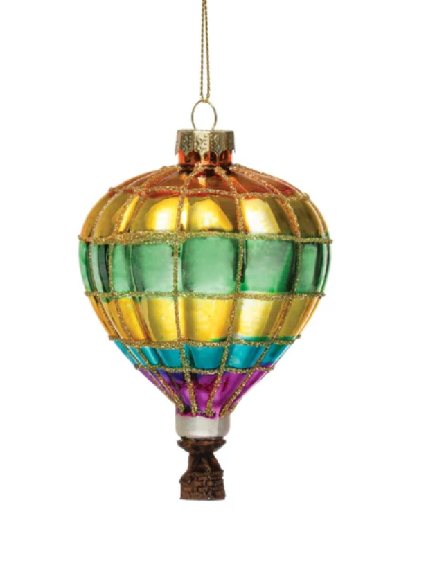 GLASS HOT AIR BALLOON ORNAMENT W/ GLITTER, MULTI COLOR