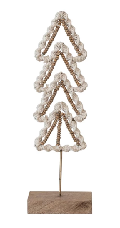 COTTON MACRAME & METAL TREE W/ MANGO WOOD BEADS & BASE, NATURAL