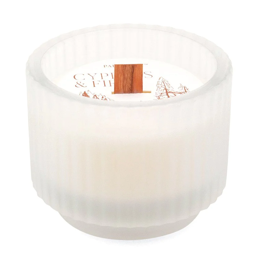 FROSTED WHITE FOOTED RIBBED GLASS WITH WOODEN WICK - CYPRESS & FIR 5 OZ