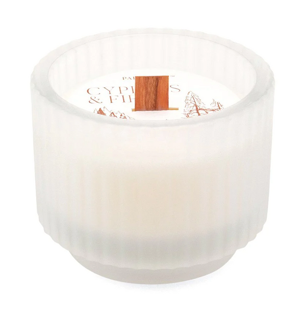 FROSTED WHITE FOOTED RIBBED GLASS WITH WOODEN WICK - CYPRESS & FIR 5 OZ