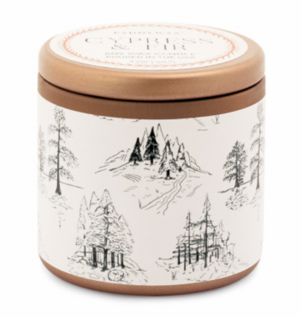 COPPER TIN + WHITE LABEL WITH GREEN TOILE PATTERN - CYPRESS & FIR 3 OZ