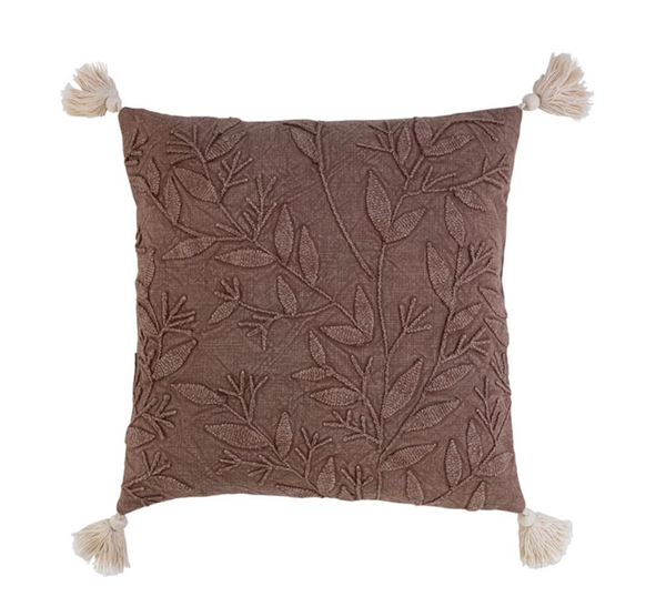 SQUARE STONEWASHED EMBROIDERED COTTON TASSEL PILLOW, AUBERGINE COLOR