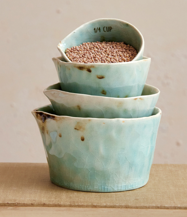 TEAL STONEWARE MEASURING CUPS, SET OF 4