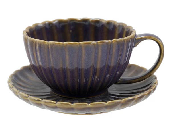 10 OZ. STONEWARE RIBBED MUG W/ SAUCER, REACTIVE GLAZE